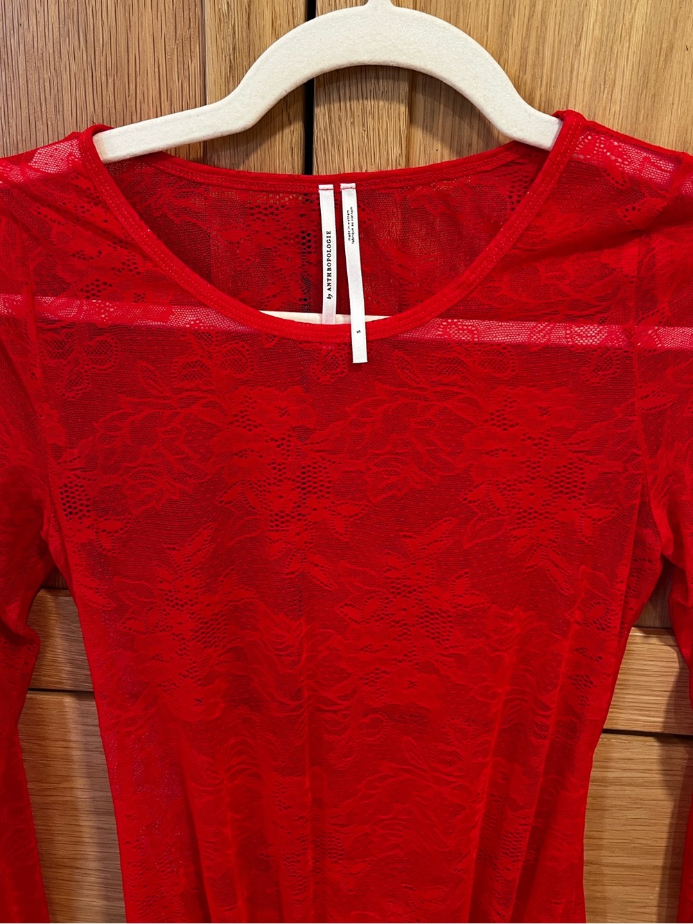 Anthropologie Lace Long Sleeve Bodysuit Red Size Small Feminine Sheer Holiday - Picture 2 of 5